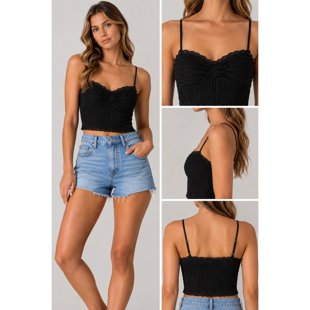Isalis Black Lace Trim Pleated Bustier Crop Top Cami Adjustable Straps